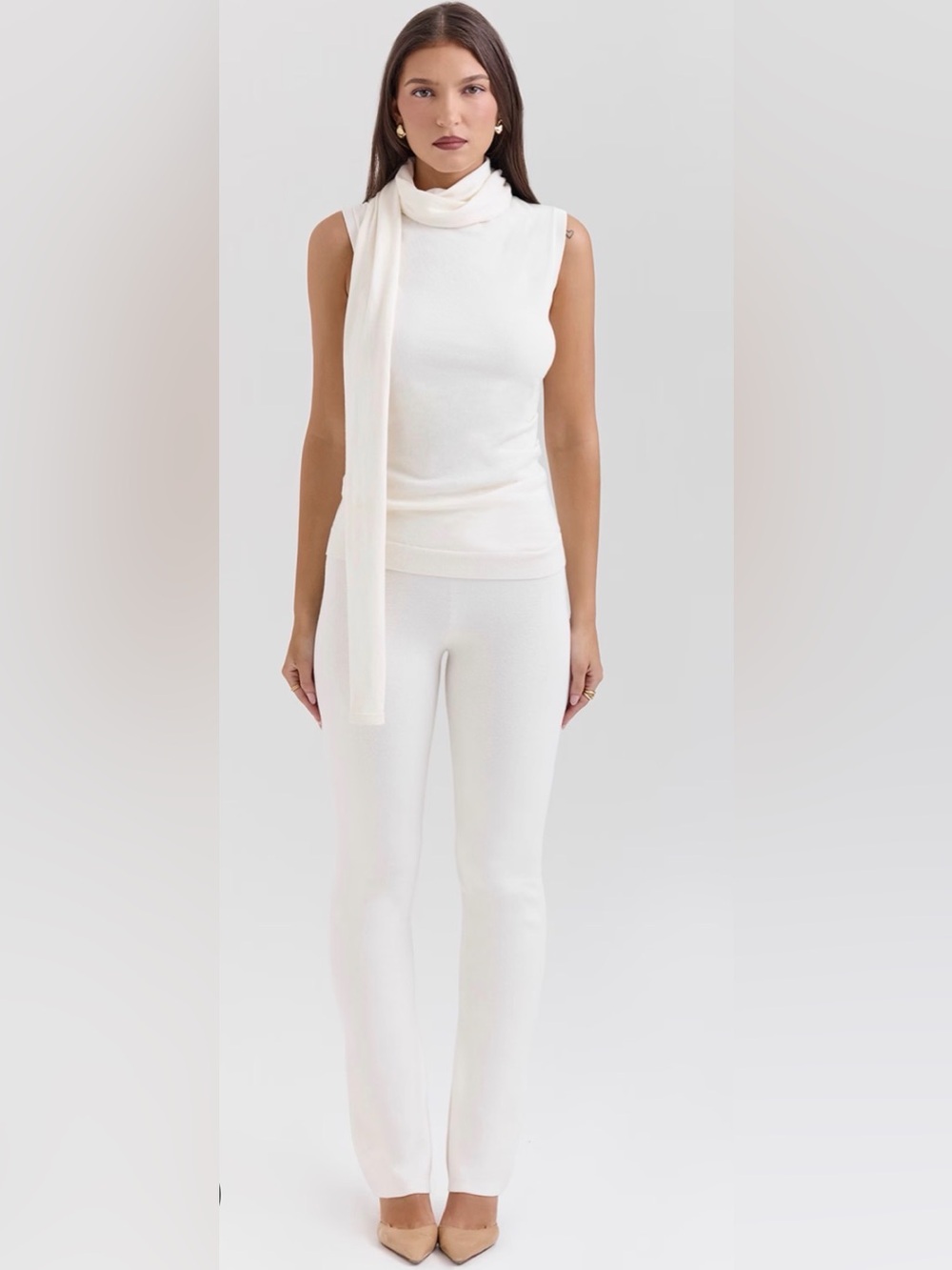 House of CB Ivory Cashmere Slim Cigarette Pants and scarf top